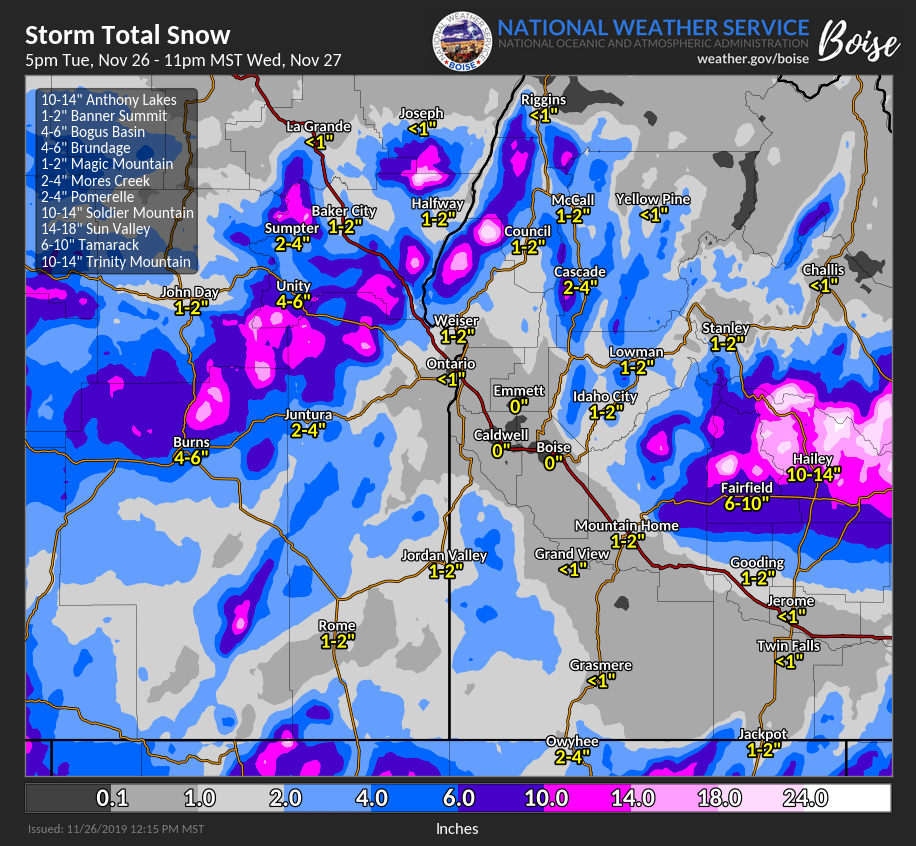 NWSBoise's tweet photo. 🚨❄💨Storm Update:  Travel across eastern OR, the Camas Prairie and Boise Mountains is not advised with snow and blowing snow.

Prepare for strong wind gusts overnight from the southeast.

#orwx #idwx https://t.co/U99839cpms