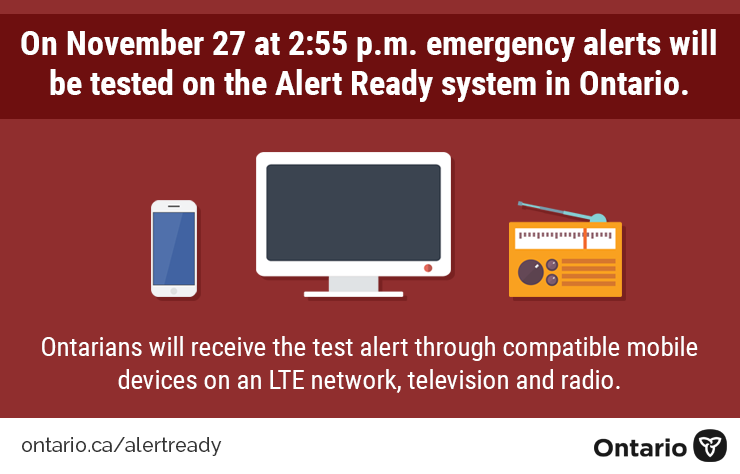 deanaruston's tweet photo. TOMORROW the Canada Alert Ready Emergency Alert System will be TESTED &amp; will broadcast to compatible wireless devices with cellular service, TV &amp; radio. In Ontario, testing @ 2:55 PM. DO NOT call 9-1-1 @Get_Prepared @PrepareLondon @MLHealthUnit #LdnOnt #AlertReady #BeAlertBeReady https://t.co/fNpyPEYgNl