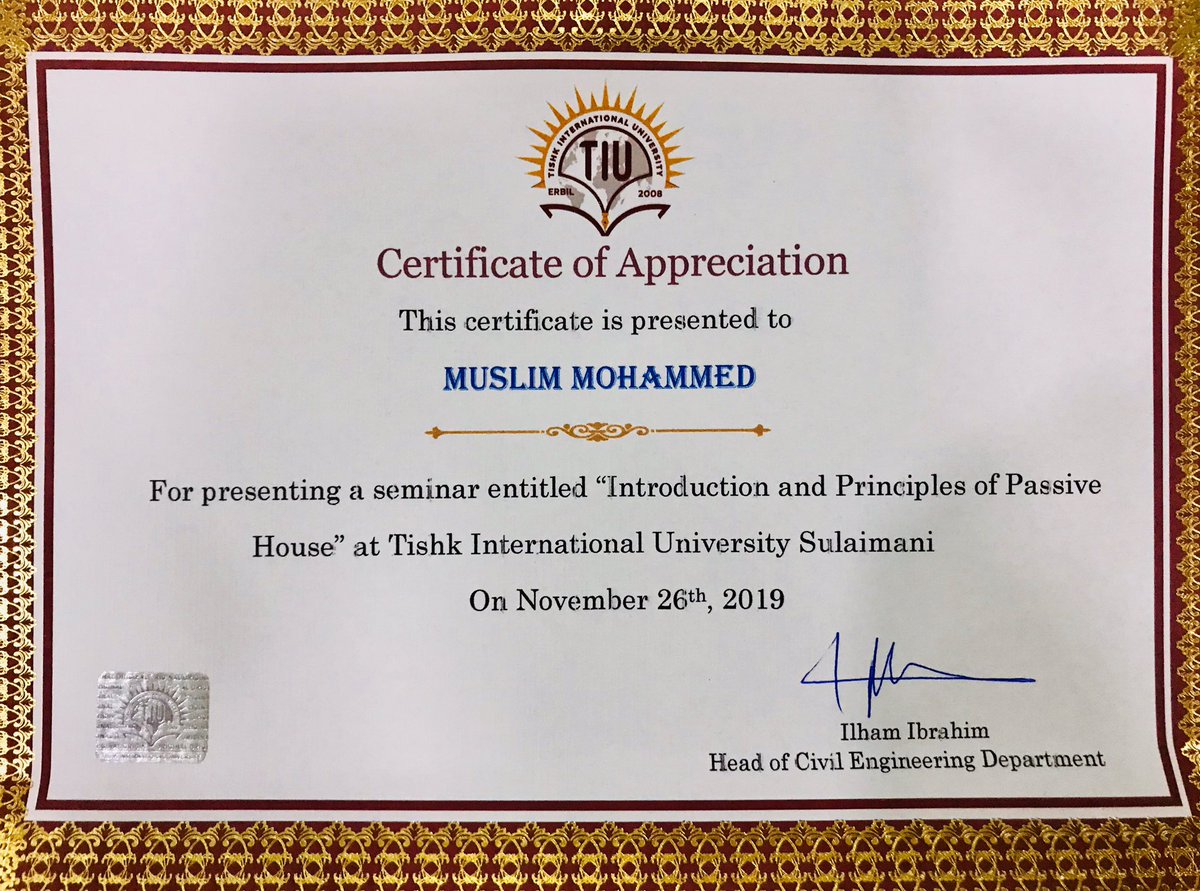 At International <a href="/TishkUniveristy/">Tishk International Univeristy</a> 🎓
Today i have presented a seminar about “introduction to Passive House principles” for engineering 👩‍🎓 students and lectures of the university!

#PassiveHouseSeminar #PassiveHouseIraq #PassiveHouse #Passivhaus