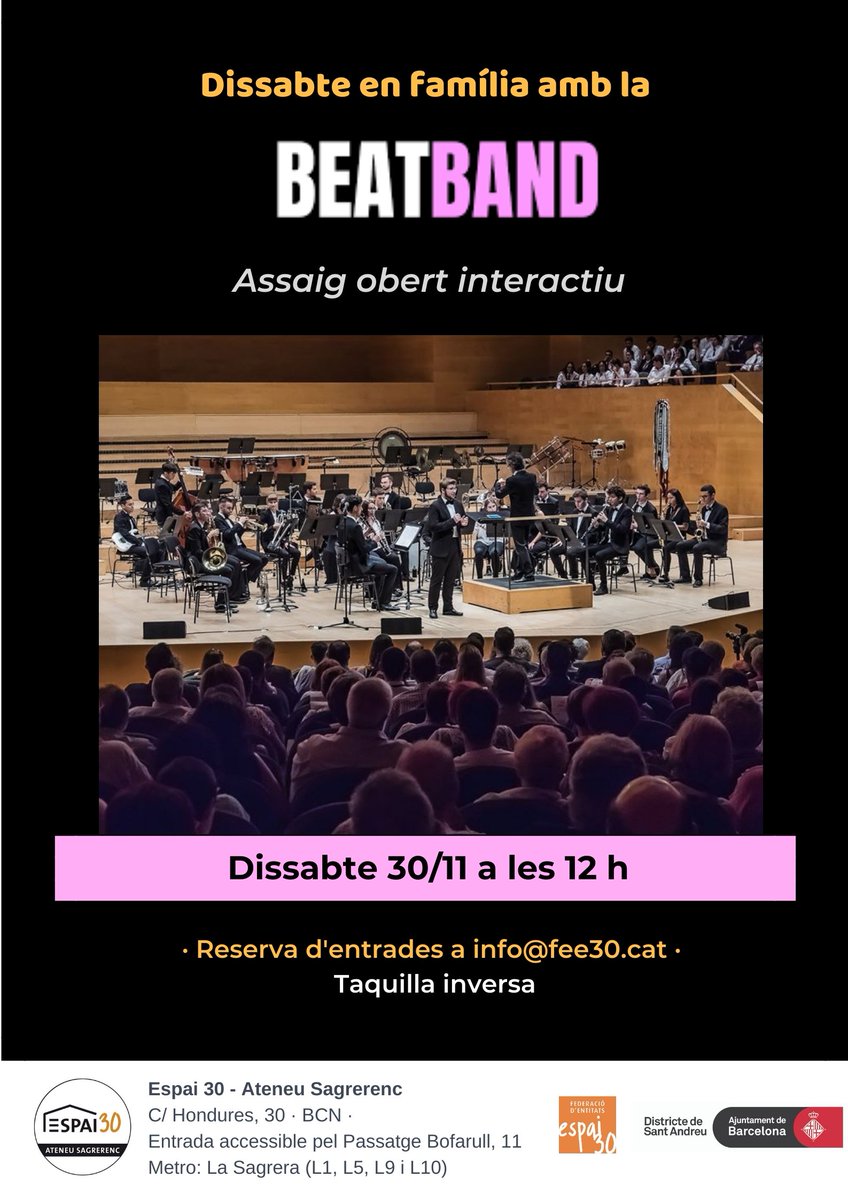 Espai30_Sagrera's tweet photo. 🥁
Dissabte a les 12 h coneixem la #BeatBand!
L'orquestra ofereix un assaig obert amb descoberta tàctil i sonora dels instruments per als infants.
Ens veiem amb tota la família a la #SalaAbaco!
#Espai30 #EspaiViu #DissabtesEnFamilia #concert #simfonic #infants #obert #atothom https://t.co/wFLwGRLMaS