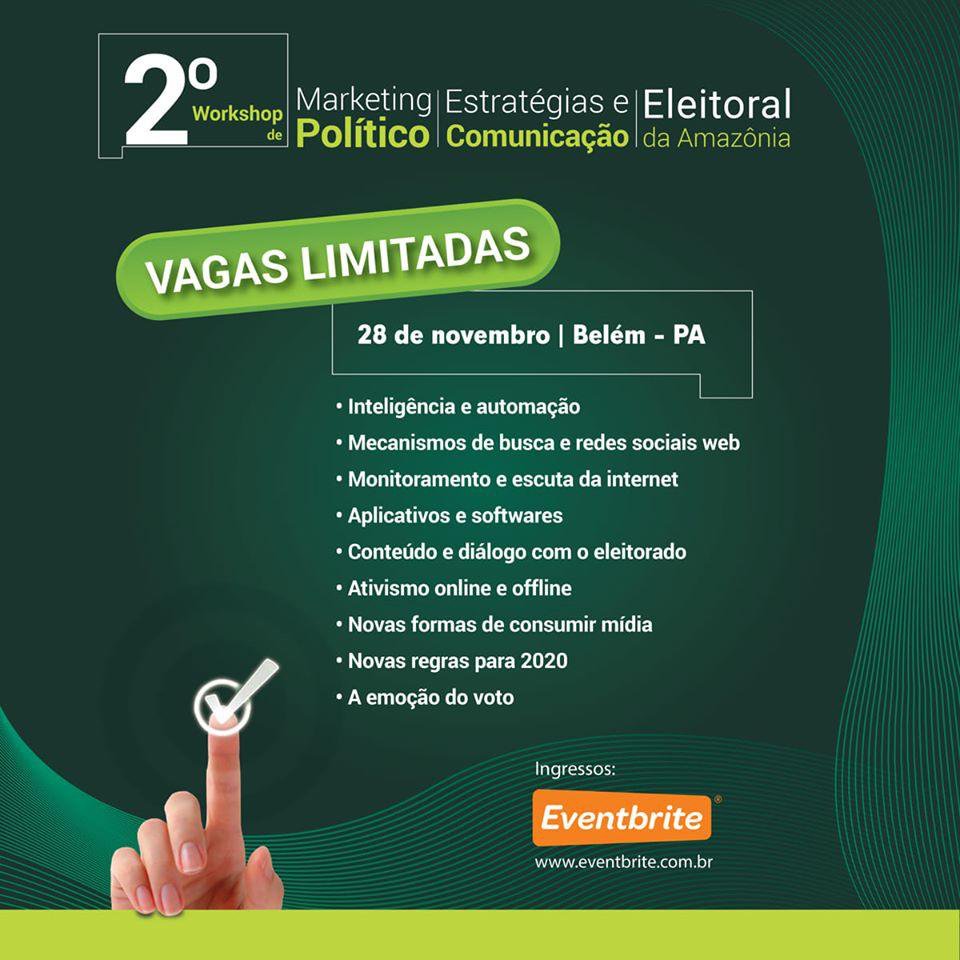 Um dica pra quem se interessa por marketing digital no meio político: Dia 28/11 um evento que abordará as novas práticas do marketing nas eleições, redes sociais, fake news e as novas formas de consumir mídia.
Vagas e mais infos aqui <a href="/MktPoliticobel/">Marketing Político Belém</a> 
eventbrite.com.br/e/workshop-de-…