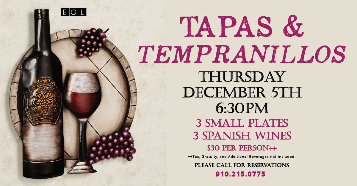 Elliotts_Linden's tweet photo. Tapas &amp; Tempranillos 🍷at Elliotts! Thurs. Dec. 5th at 6:30pm. Enjoy 3 small plates and 3 Spanish wines! Forget about shopping and wrapping presents, come and join us! Be sure to make your reservations. https://t.co/cDkYAs7wWk