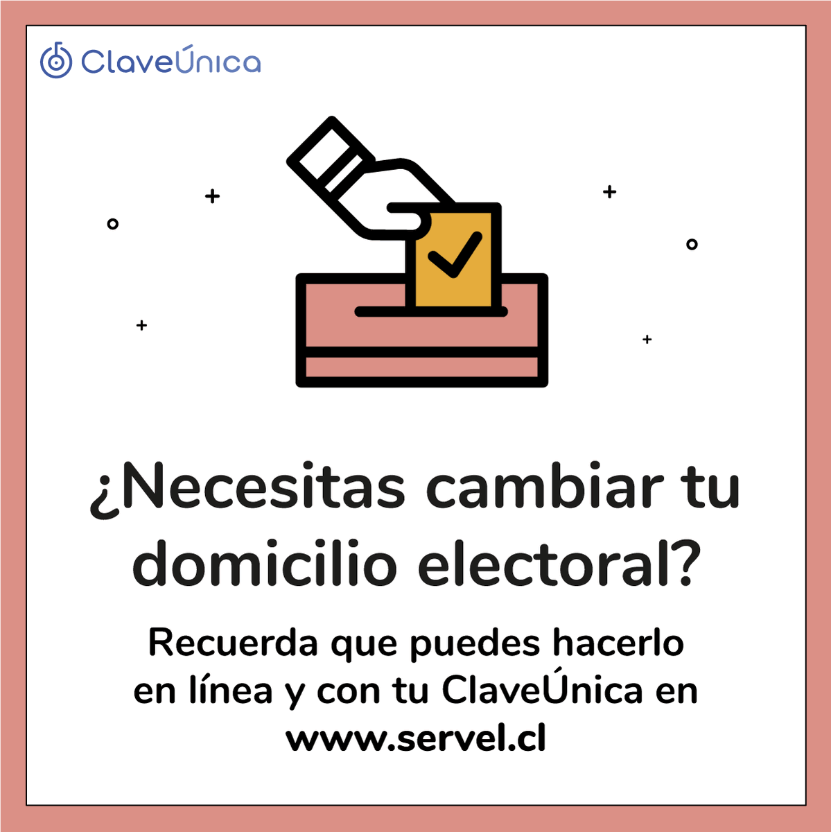 Considera que para el cambio de domicilio electoral en 
<a href="/ServelChile/">Servicio Electoral</a> se debe contar con #ClaveÚnica la cual puedes solicitar en oficinas del <a href="/RegCivil_Chile/">Registro Civil e Identificación - Chile</a>  
<a href="/ChileAtiende/">ChileAtiende Oficial</a> y en tótem de autoatención ▶️bit.ly/37j94HZ