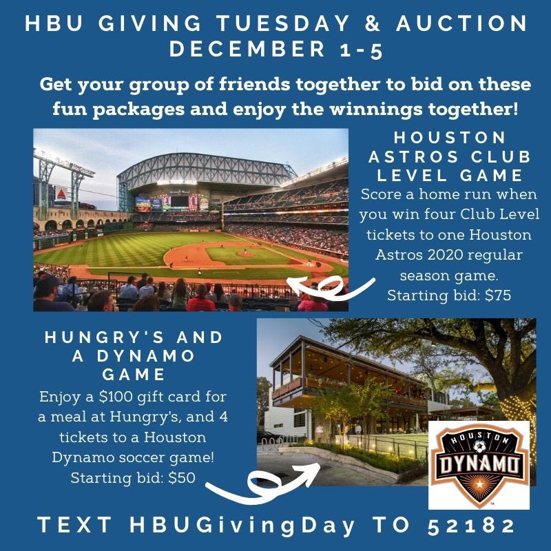 HBUInvolvement's tweet photo. Join HBU in celebrating Giving Tuesday! This year, HBU is hosting an online auction; take a sneak peek at some of the amazing items you can bid on starting December 1! https://t.co/jl5HeWRfbL