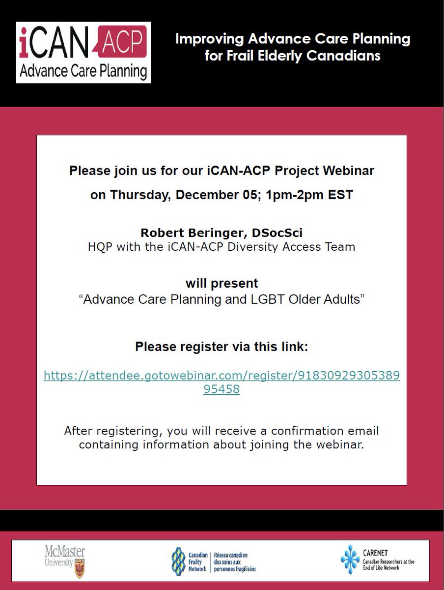 Tune into upcoming webinar: Advance Care Planning for LGBTQ Older Adults, presented by our very own post-doc fellow Robert Beringer in partnership with <a href="/McMasterU/">McMaster University</a> #canadianfrailtynetwork and #CareNet  Thank you Robert for shedding light on an important topic! 🏳️‍🌈