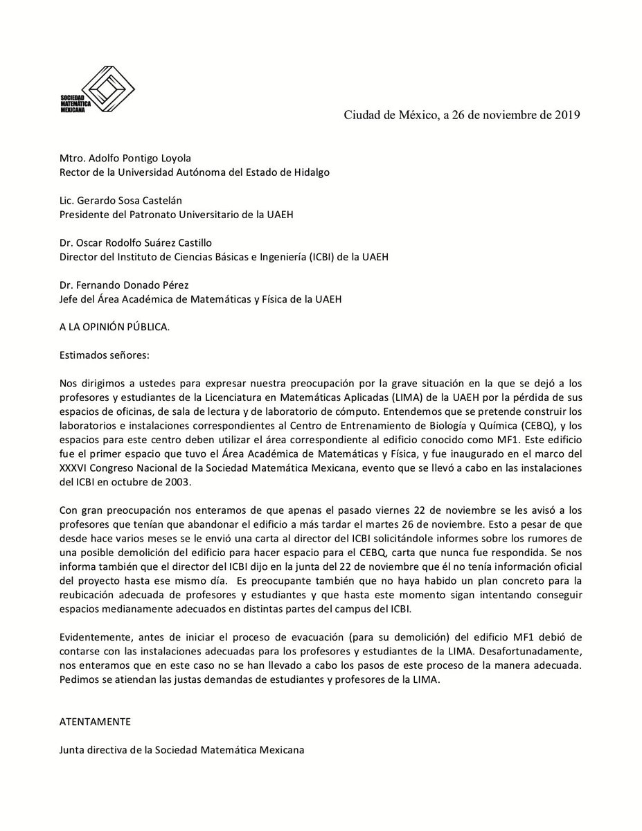 smm_mx's tweet photo. Comunicado de la Junta directiva de la SMM en relación al desalojo de profesores y estudiantes del edificio MF1 de la Universidad Autónoma del Estado de Hidalgo @UAEH_OFICIAL https://t.co/Ja1eyJNFPj