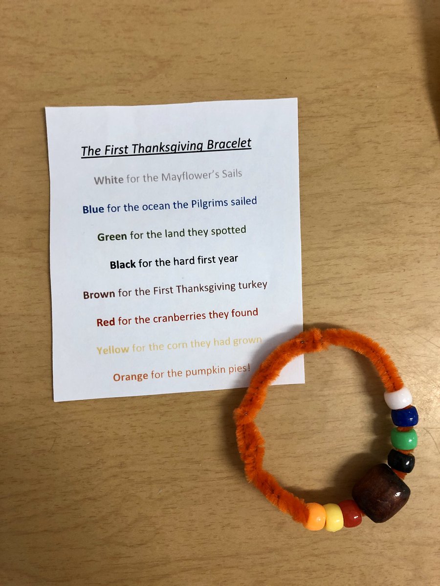 TeacherTess4's tweet photo. For circle time today we learned about The First Thanksgiving and made bracelets to help us remember! #thankful #thefirstthanksgiving #itlasted3days #thatsalotoffood 🍴🌽 https://t.co/hdSxElXGgD