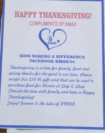 Special thank you to Junior, Gunner Horton, whose foundation, Kids Making A Difference (KMAD) donated twenty gift cards for students in need to purchase Thanksgiving dinners from Stop and Shop! Such amazing generosity from a great kid, with a huge heart! #YellowjacketPride