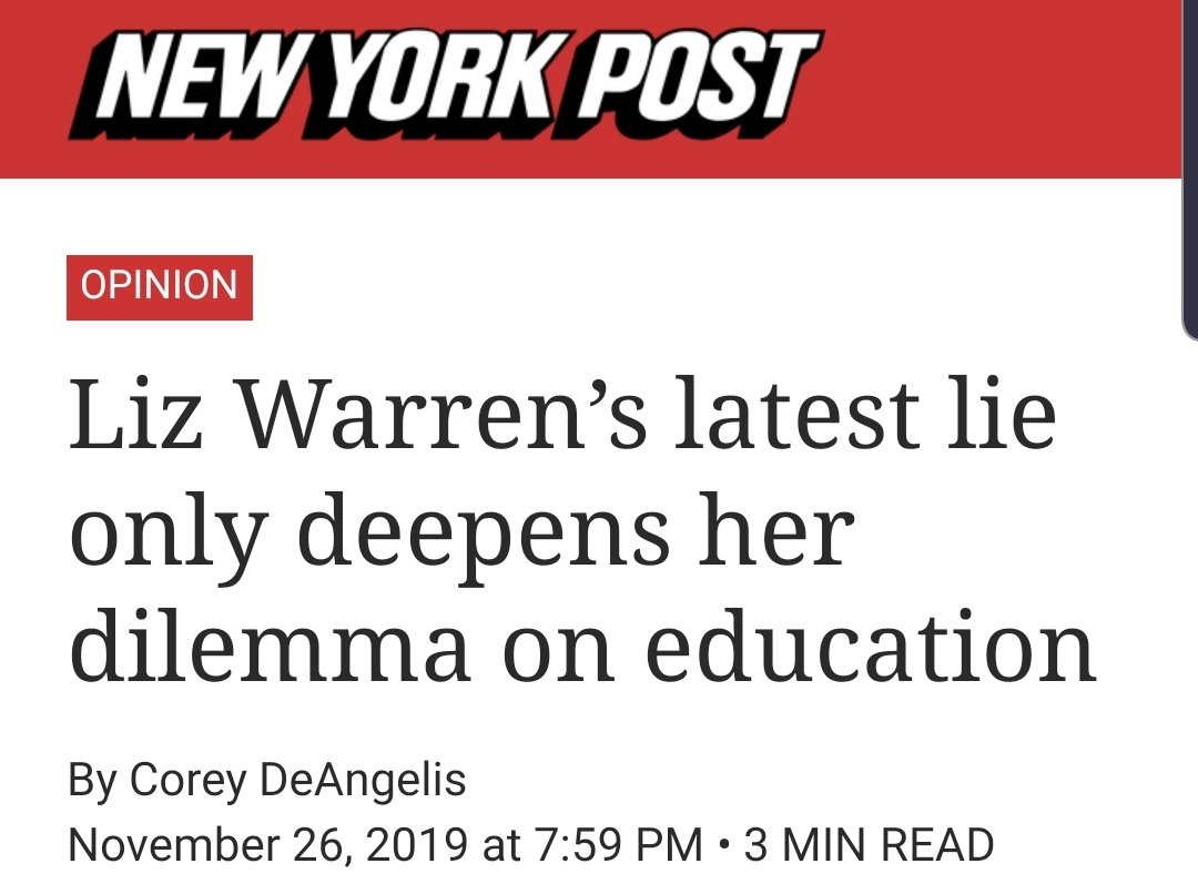 My latest at  @nypost: Liz Warren's latest lie only deepens her dilemma on education.