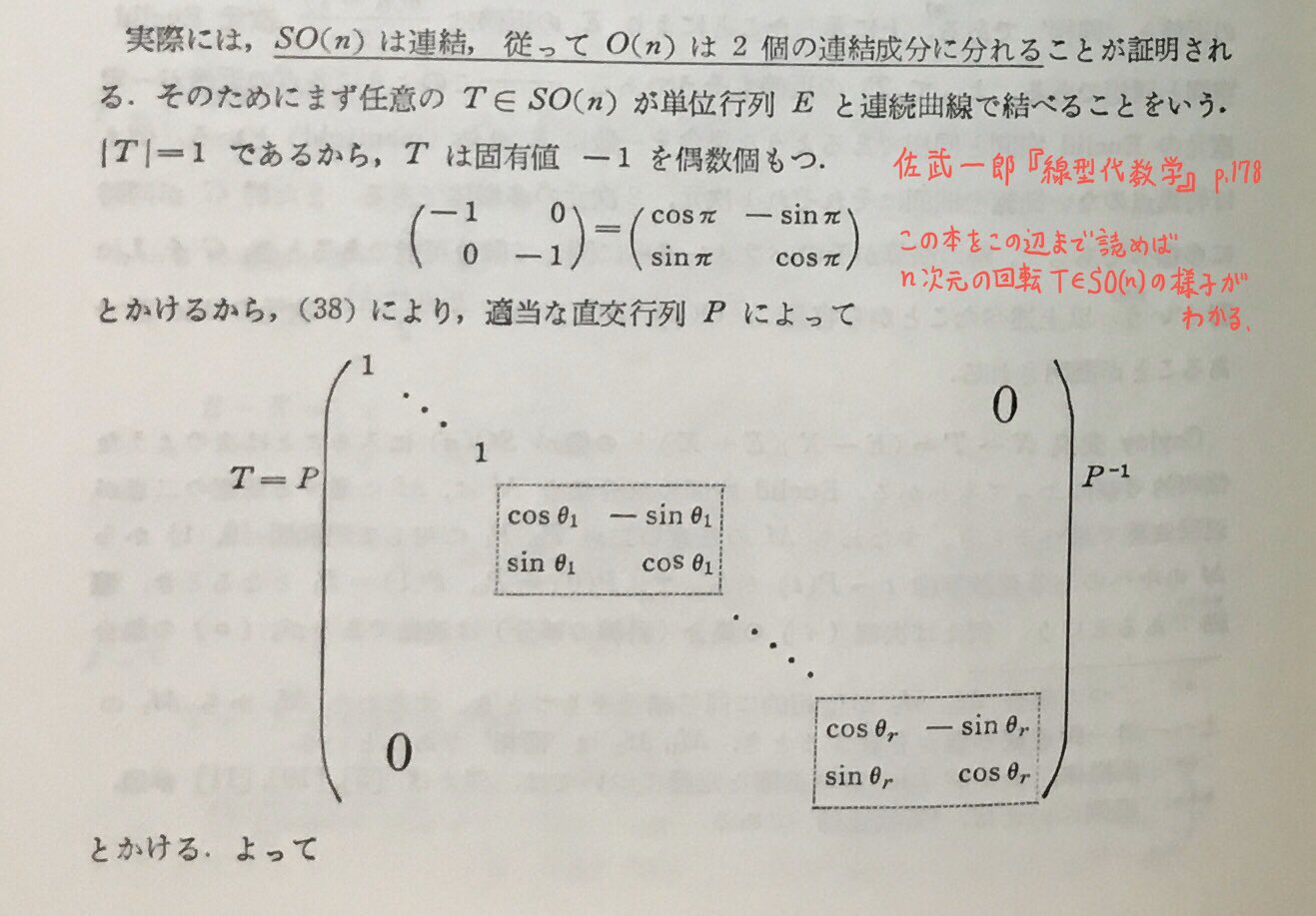 黒木玄 Gen Kuroki 数楽 佐武一郎 線型代数学 は添付画像のところまで読めば 途中を色々とばして読んでもここまでたどりつける N次元空間の回転の様子がわかる そしてここまでたどり着けば 特定の型の行列の標準形を求めること その様子を知ること