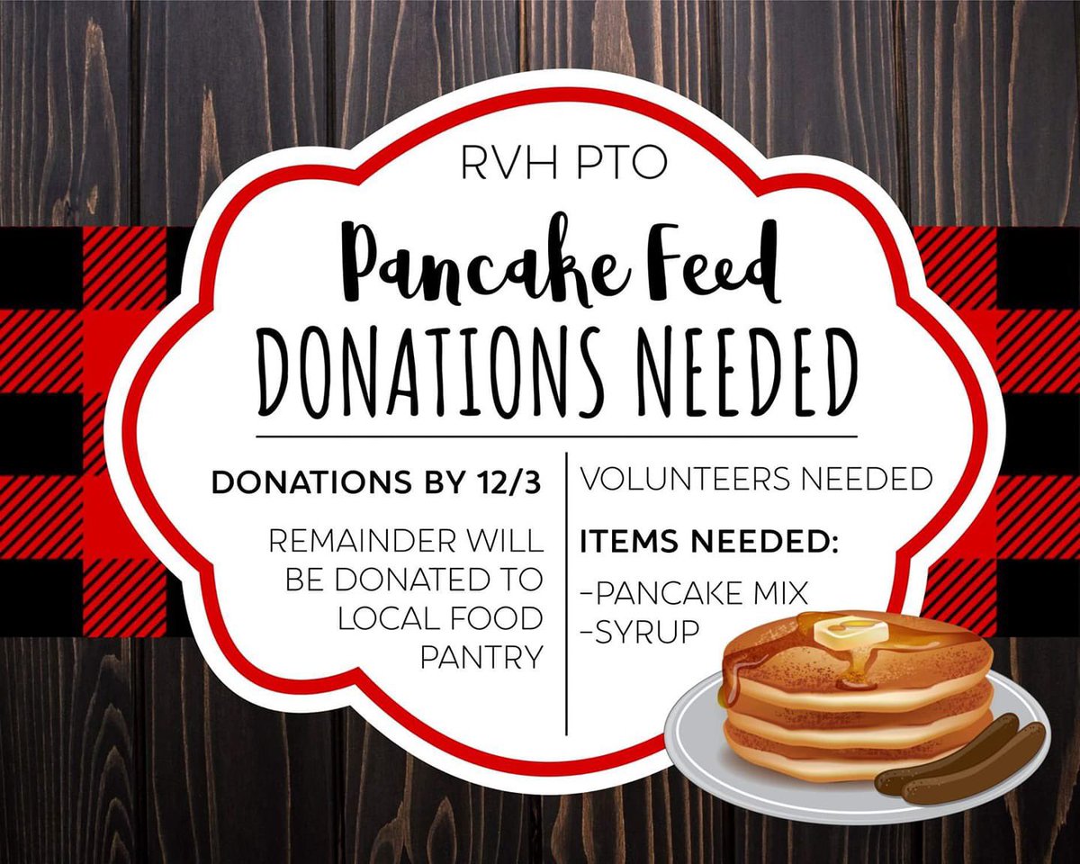 Holiday Hoopla is next week. We need donations for our 🥞 feed/volunteers for the event! Check the flyer below for more info and sign up to volunteer!
Holiday Hoopla: signup.com/go/rdUsoaU 
Silent Auction: signup.com/go/suESJNt.
Donations can be dropped off at the RVH Office