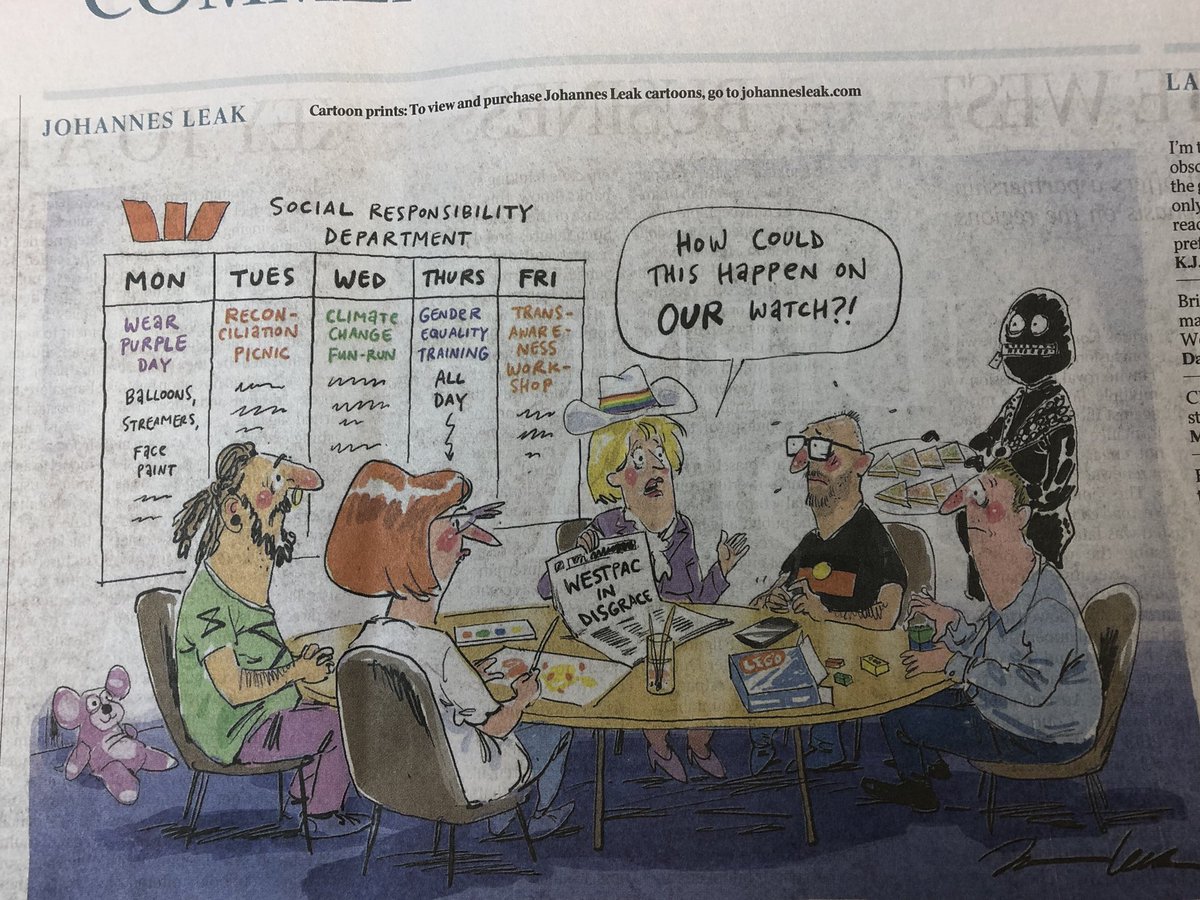PSyvret's tweet photo. So it wasn’t greed, hubris and shit management systems at the root of Westpac’s money laundering scandal after all!  It was ‘PC gone mad’. 🙄 https://t.co/1BjO75M70t