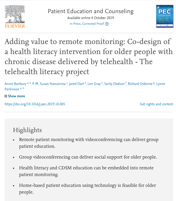 anniebanbury's tweet photo. Using telehealth to deliver a health literacy group intervention for older people at home. My PhD results paper. So much potential in this space.... #healthliteracy #telehealth #socialsupport #patienteducation #selfmanagent #chronicdisease #olderpeople #realworldresearch https://t.co/nCP1TaHY5D