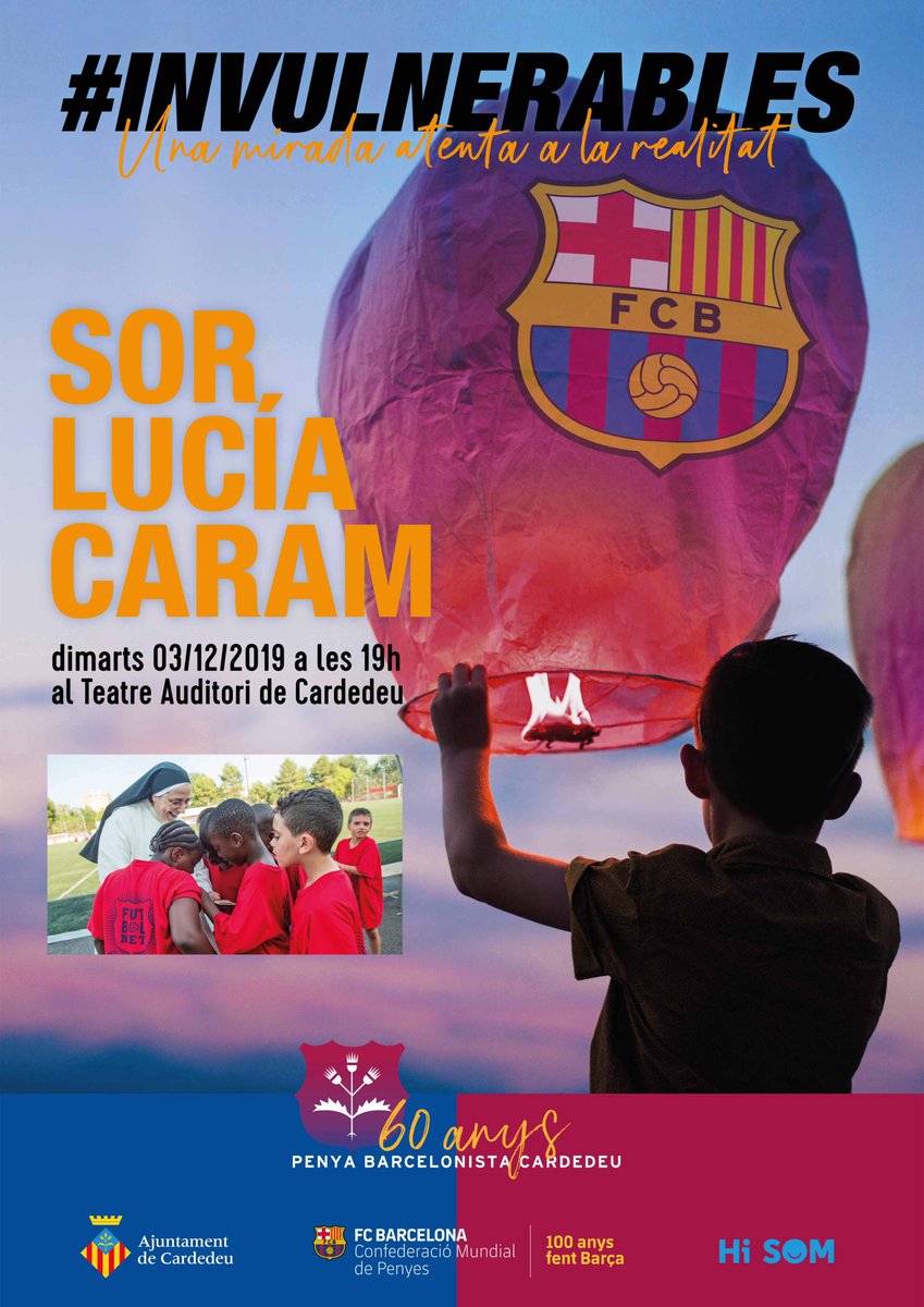 El proper dimarts 3 de desembre a les 7 del vespre xerrada a càrrec de <a href="/sorluciacaram/">Sor Lucía Caram</a> que ens parlarà del projecte <a href="/invulneraproj/">#INVULNERABLES</a> amb el suport de la @fundaciofcb al Teatre Auditori de Cardedeu <a href="/ajcardedeu/">Ajuntament Cardedeu</a> i amb col·laboració amb 
<a href="/HISOM97548662/">HI SOM</a> 
L'entrada és gratuïta