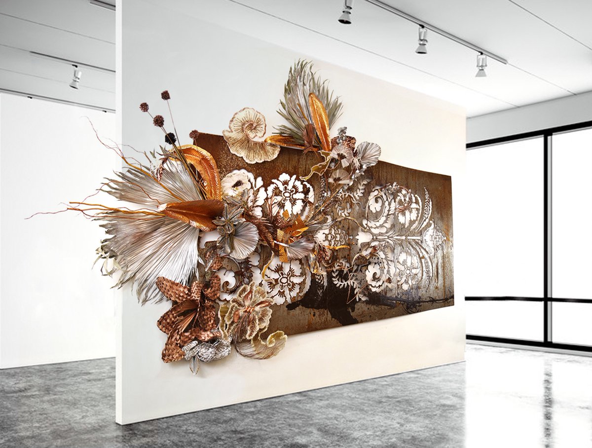 Ornellagallo's tweet photo. just wanted to share one of my favourites #artworks "Antithesis of Spring"cut out cor ten steel with copper and natural fibres 3m x2m #ornellagalloart https://t.co/nJNsUVHNke