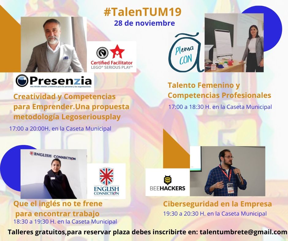 En el <a href="/TalenTUM19/">TalenTUmbrete19</a>  podremos participar en diferentes talleres: competencias femeninas con @PiensaConAngela, creatividad y emprendimiento con <a href="/presenziavictor/">Víctor García</a>, ciberseguridad con <a href="/ramon_salado/">Ramón Salado</a> e inglés con <a href="/econnectionlega/">EnglishConnection 👿</a>. <a href="/Guadaumbrete/">Punto Vuela Umbrete</a> #TalenTUM19