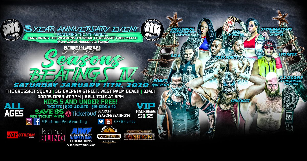 PPWFlorida's tweet photo. At @PPWFlorida #SeasonsBEATINGS IV on 1/11/20 at the @CrossFitSquad in @westpalmbch 1 Lucky Fan will WIN 2 Tickets to @AEWrestling #BashAtTheBeach themed @AEWonTNT #Dynamite 1/15/20 at the @watscocenter in @MiamiDadeCounty!
Get your Online Discounted Tix: https://t.co/r72JkzaDSU https://t.co/bxXamCpzyQ