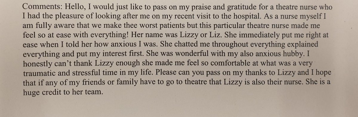 Fantastic patient feedback for one of our Theatre Nurses Elizabeth Melling. Well done Lizzy.  @MellingLizzy #proud2care @StockportNHS @colpiatt