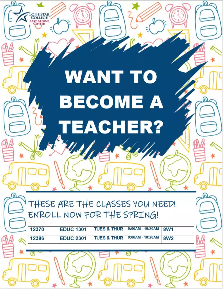 LSCEastAldine's tweet photo. Are you studying to become a teacher? We now offer Education courses for your major! 
Stop by the LSC-East Aldine Center student services desk for help with registration.
@LSCNorthHarris @BakerRipley @AldineDistrict @NHarrisNation @AldineISD  @AvalosPTECH #letsgolsc https://t.co/Mvir4w5AK8