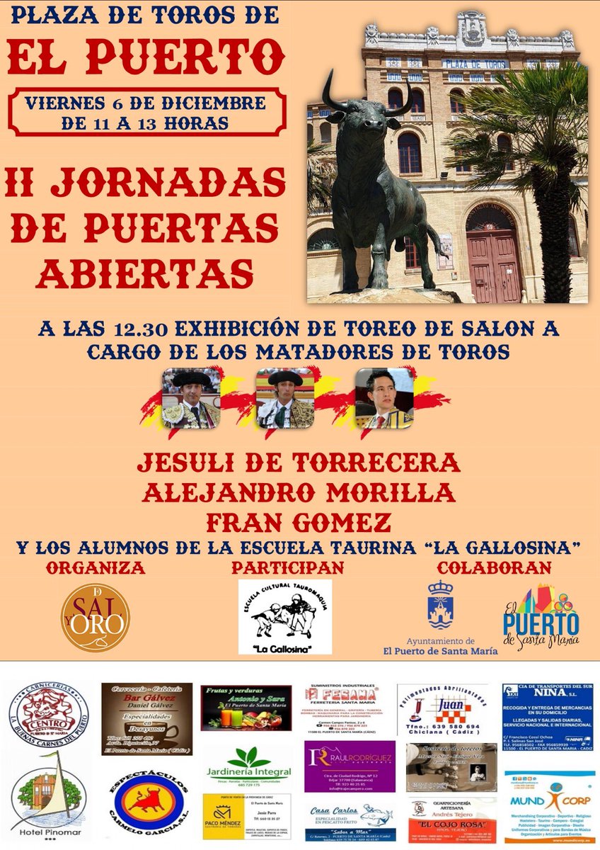 📌 El próximo viernes 6 de Diciembre nuestro torero Jesuli de Torrecera realizará una exhibición de toreo de salón junto a los matadores de toros Alejandro Morilla y Fran Gómez junto a los alumnos de la escuela taurina de La Gallosina,en la plaza de toros de El Pto de Santa Maria