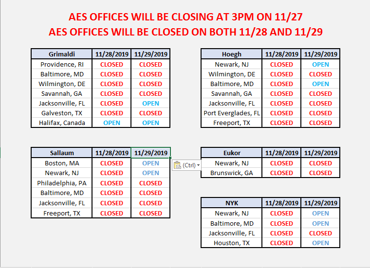 AESshipping's tweet photo. Check out AES's schedule, along with the ports closures
for Thanksgiving / Black Friday. #Thanksgiving #BlackFriday https://t.co/BH7wd6OMue