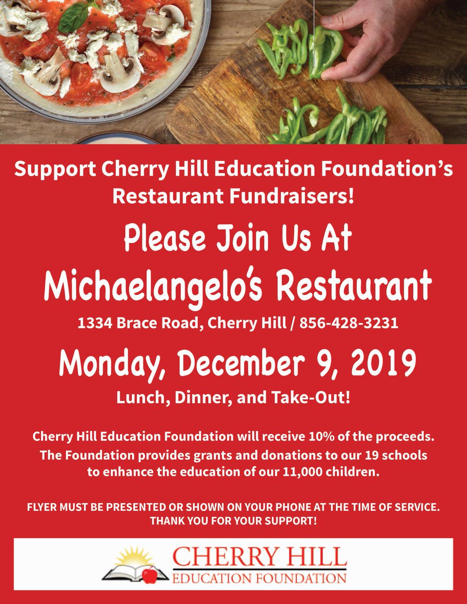 Help support the Cherry Hill students by enjoying a meal at Michaelangelo’s on Monday, December 9th. We hope to see you there!
#CHEF #forthechildren