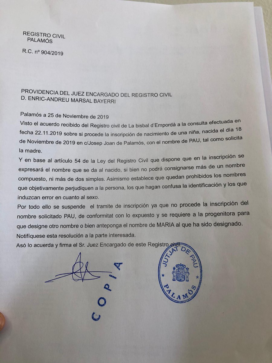 Gloriamassaguet's tweet photo. @iaia_toneta A Catalunya les nenes es poden dir Paz, però no Pau. El Registre de Palamós ens ha negat aquest nom a la nostra neta. https://t.co/kPZ0vfEQk6