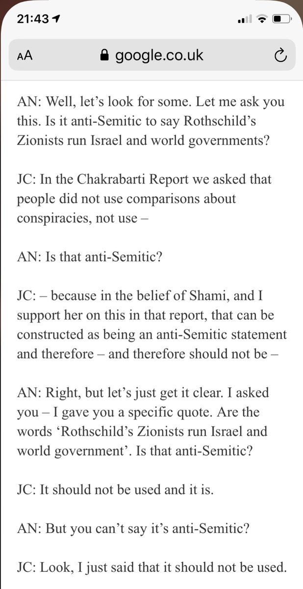 What struck me about the Corbyn interview bit on Antisemitism wasn’t really the whole apology thing. It was the Rothschild exchange. Eventually he agrees it is an Antisemitic trope but why on earth does that take several questions to provide a sort of strangled answer? Weird.