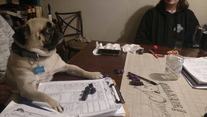 DM ‘The Gnome throws the dart and-‘Dog: ‘I run after the dart and bring it back!’DM: ‘You can’t, it’s hit an Orc!’Dog: ‘I jump up at the Orc, excitedly!’DM: ...‘Roll for intelligence’. (fails)DM: ‘The Orc removes the dart and throws it towards a chasm, you follow...’