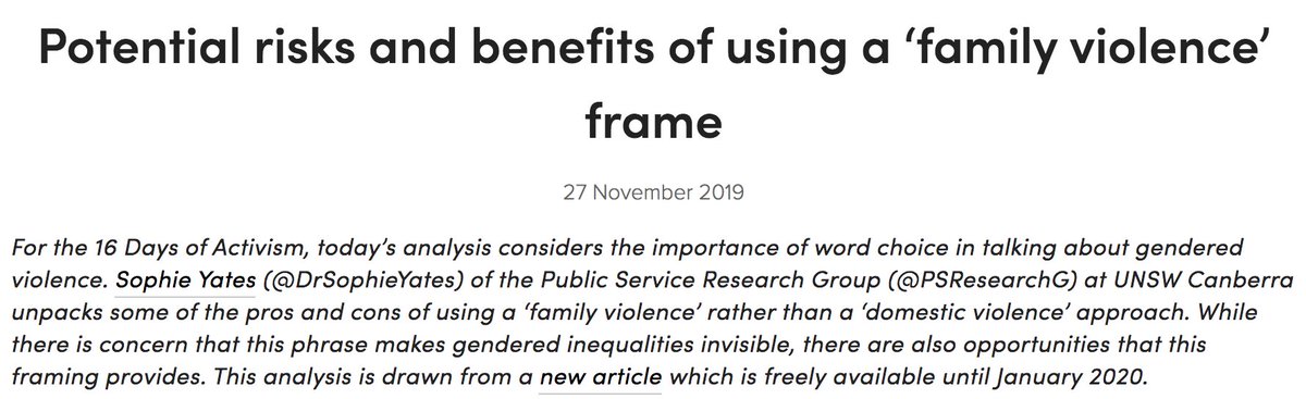 "Family violence, domestic violence, violence against women…?" |  @DrSophieYates discusses the importance of using the right terminology in this space.Published journal article:  https://bit.ly/2XPoT4T Summary article on  @policyforwomen:  https://bit.ly/34mOkgF 