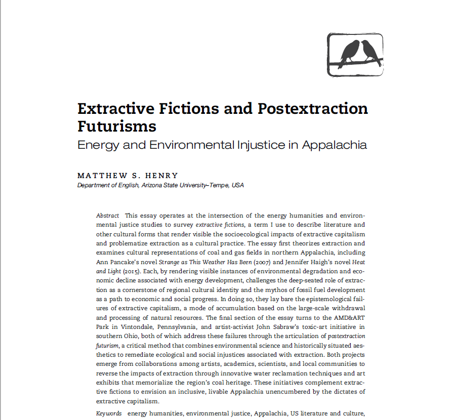 DrJustFutures's tweet photo. I'm absolutely thrilled to share the final published version of my article "Extractive Fictions and Postextraction Futurisms: Energy and Environmental Injustice in Appalachia, which just dropped in the latest issue of @EnvHumanities (11.2)! #envhum

https://t.co/eE2kr32kXQ https://t.co/NAC9ipdrgf
