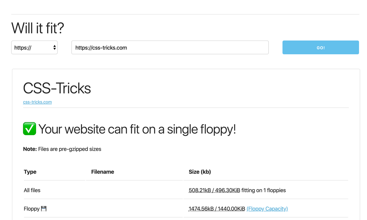 Will your website fit on a floppy? (Floppy disks, the little 3.5" ones, fit 1.44MB of data)

fitonafloppy.website/?website=https…