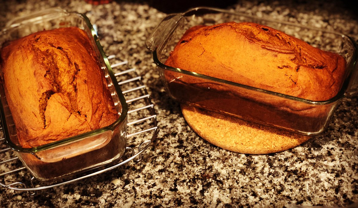 How’s your baking going? Four loaves of pumpkin bread are done!