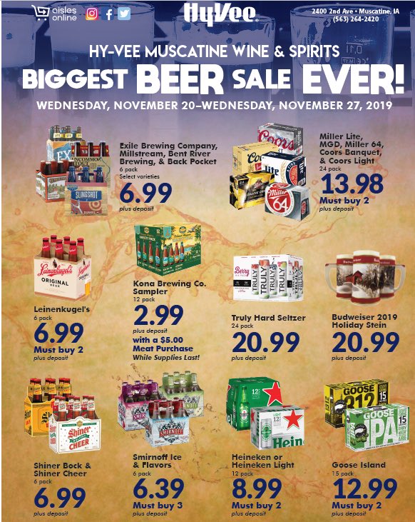 MuscatineHyVee's tweet photo. 🚨 Cheap Beer Alert! Folks you’ve got 1 more day to save at your #MuscatineHyVee Wine &amp; Spirits! Stock-up before #Thanksgiving! 🚨 https://t.co/s9kgTXsZkp