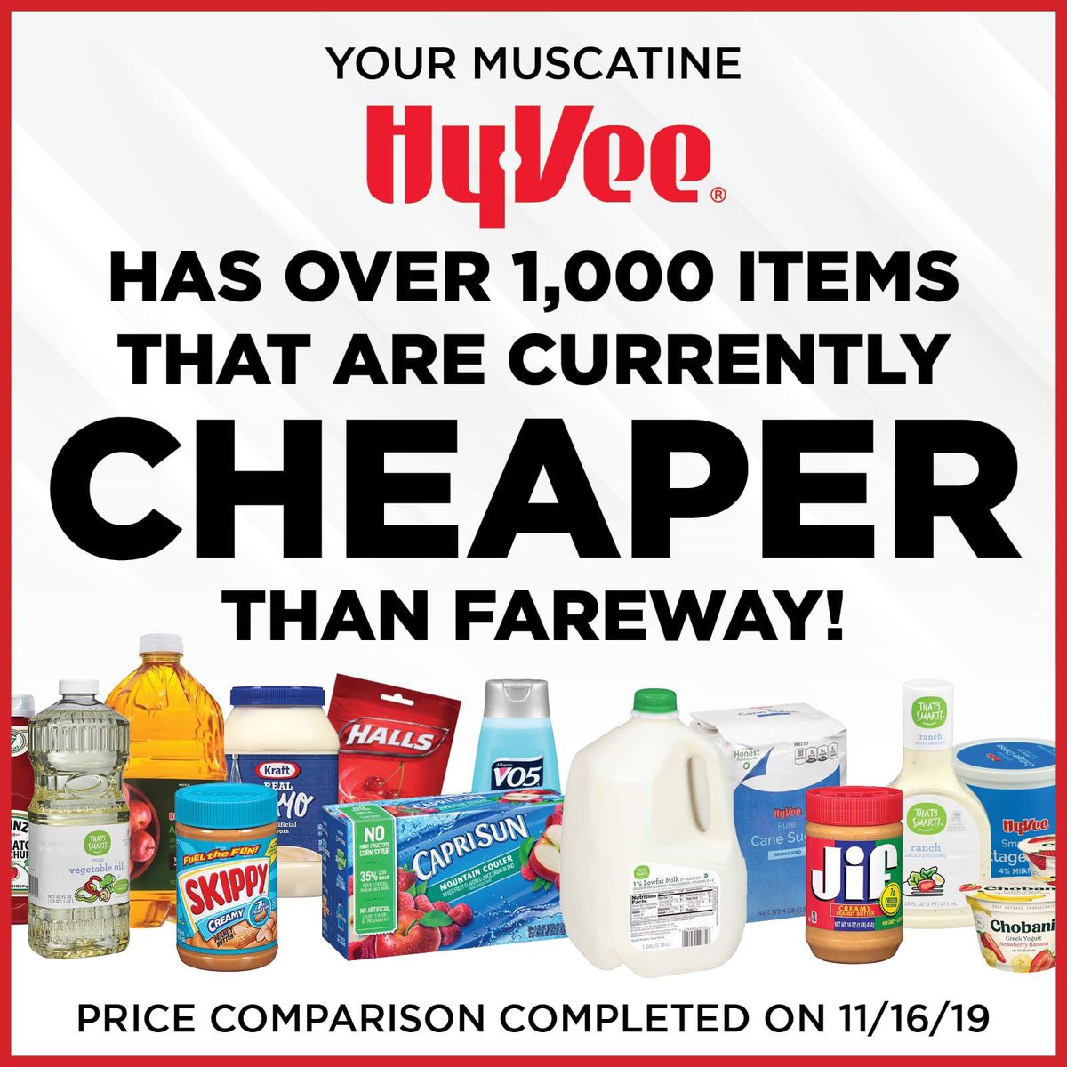 MuscatineHyVee's tweet photo. 🚨We are doing our best to lower prices for you!  Signs are going up as we speak and we have checked the competition!  This doesn't even factor in the huge fuel saver deals you receive throughout the store. 🚨

#MuscatineHyVee #HyVee #Muscatine #HyVeeFuelSaver #LowPrices https://t.co/WuXew5GMlI