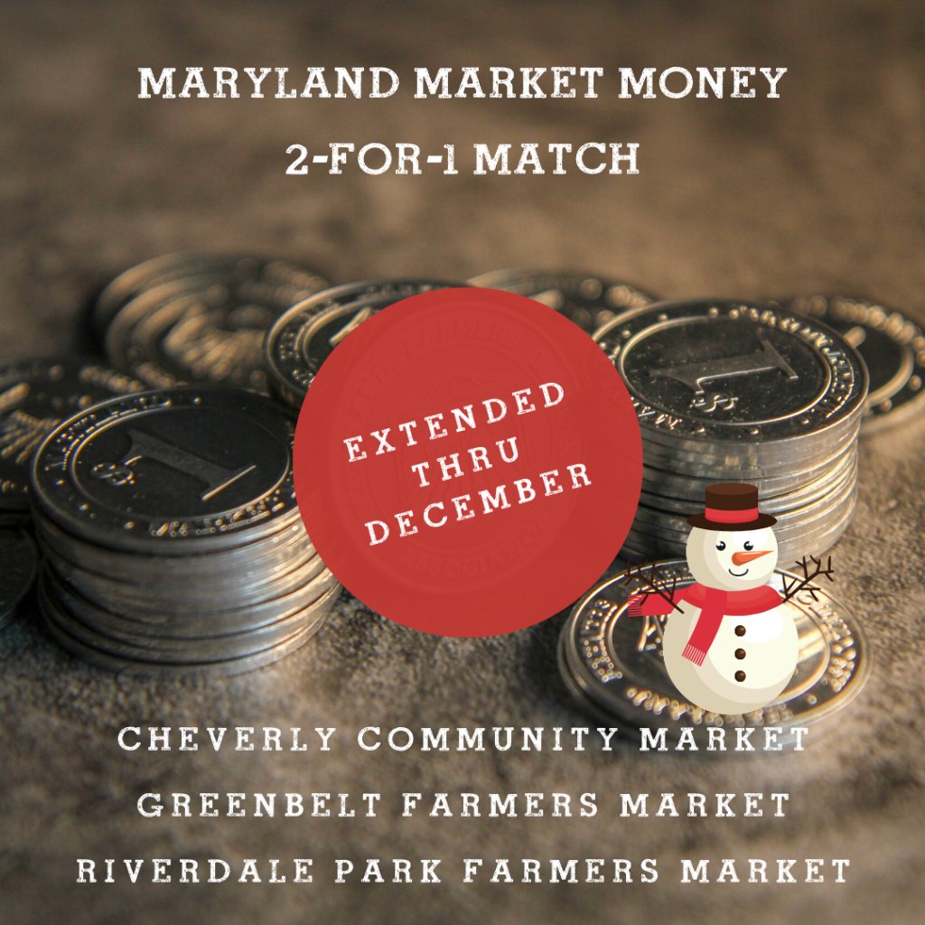 Awesome news! The double #MarylandMarketMoney match program has been extended through December to all participating Prince George’s County farmer’s markets. @MDFMAssociation @MarylandHunger @greenbeltfm @CheverlyMarket @rpfm #MDhunger #FarmersMarkets #GWRisWhy #EatSmart #MDHealth