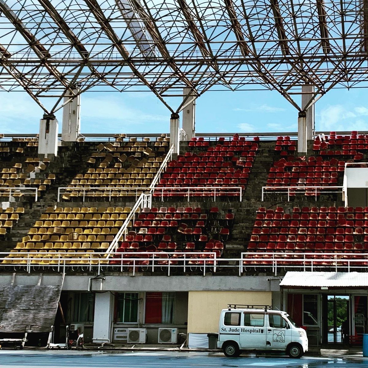 SonoSnowbunny's tweet photo. After the fire that destroyed the original St Jude hospital, they made a temporary space in the national football stadium. That was 10 years ago. #perserverance https://t.co/spglXeLSn6