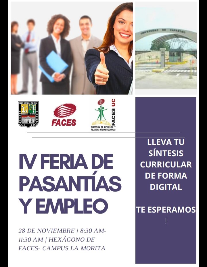 MahieAlejandra's tweet photo. La Dirección de Extensión de Faces -UC Campus La Morita se complace en invitarlos a la III Feria de Pasantías y Empleo. Puedes llevar tu síntesis curricular en forma digital. Te esperamos! @Econanasorellys https://t.co/jP0pPmeuUK
