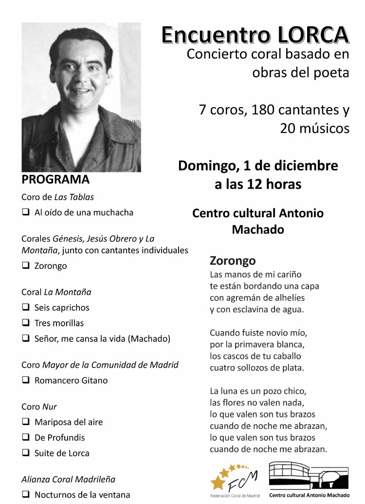 Con muchas ganas de participar este domingo en el encuentro coral en homenaje a Lorca, ¡no os lo perdáis! #Concierto #music #coro #arte #culture #FelizFinDeSemana #FelizDomingo