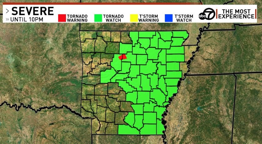 KATVBarry's tweet image. Tornado Watch until 10pm for much of Arkansas. Threat will be highest over the next 2-3 hours #arwx