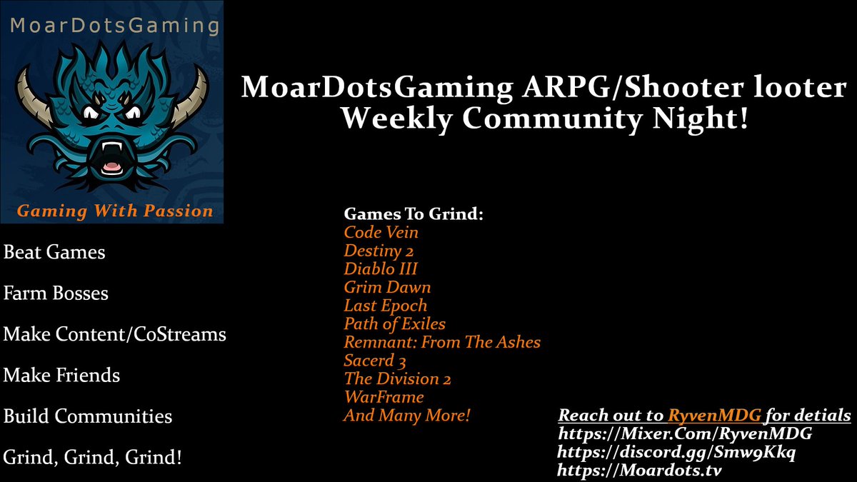 MoarDotsGaming's tweet photo. New Players and Veterans alike, join us in #GrimDawn next Thursday! We will be leveling/building new characters and farming some bosses to get that gear for our mains.

Time: 730:p EST Start
Where: https://t.co/uMmNc7uuwR
Event:12/5-12/12

#theSHED #MoarDotsGaming #Mixer https://t.co/ozSRvz7fxK