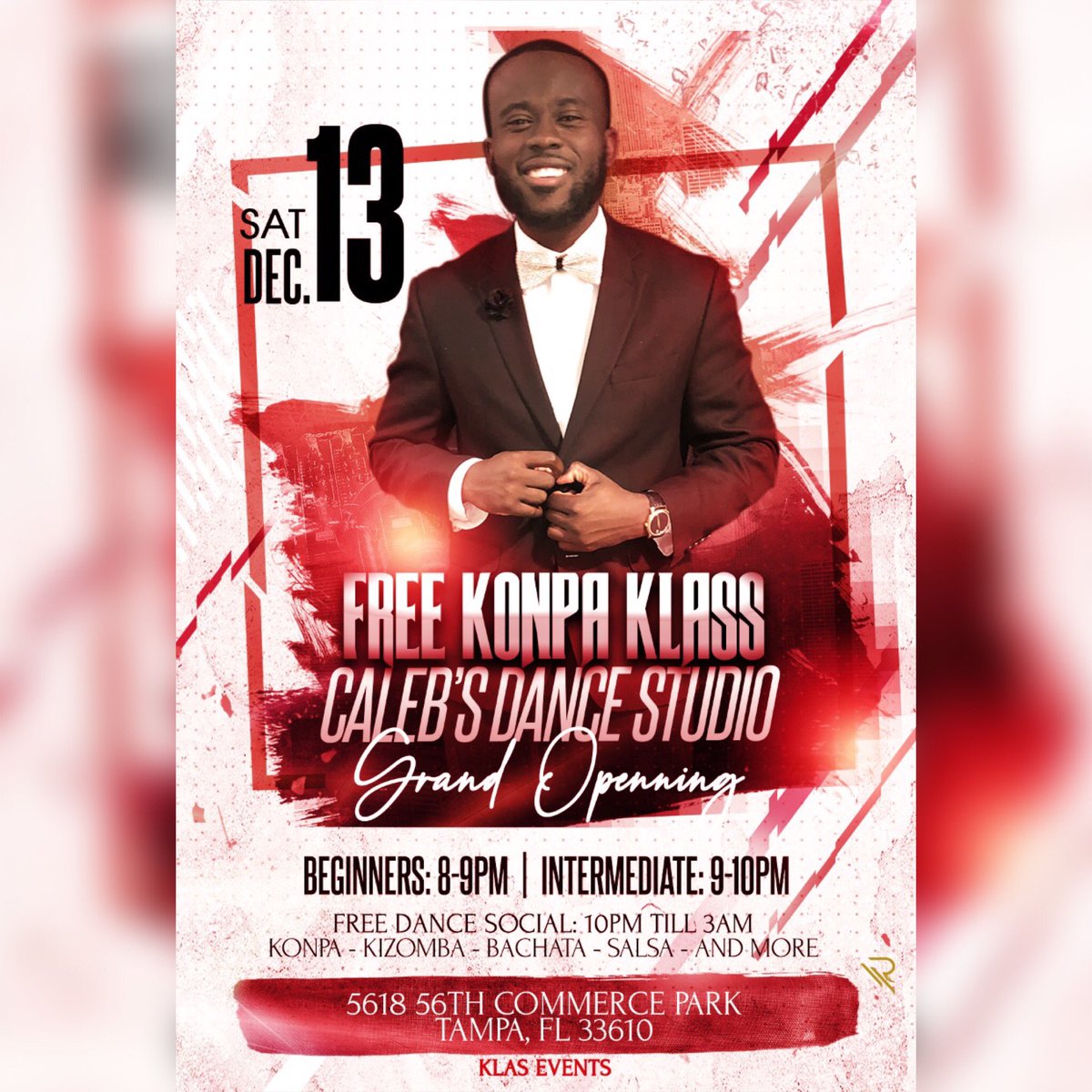 Proud to announce the official opening of Caleb’s Dance Studio on Friday December 13 at 8pm, which will include a FREE konpa dance class. Come celebrate the grand opening with me, Only FREE CLASS I WILL DO TAKE ADVANTAGE OF IT. Celebration party after that’s FREE TOO. Read flyer