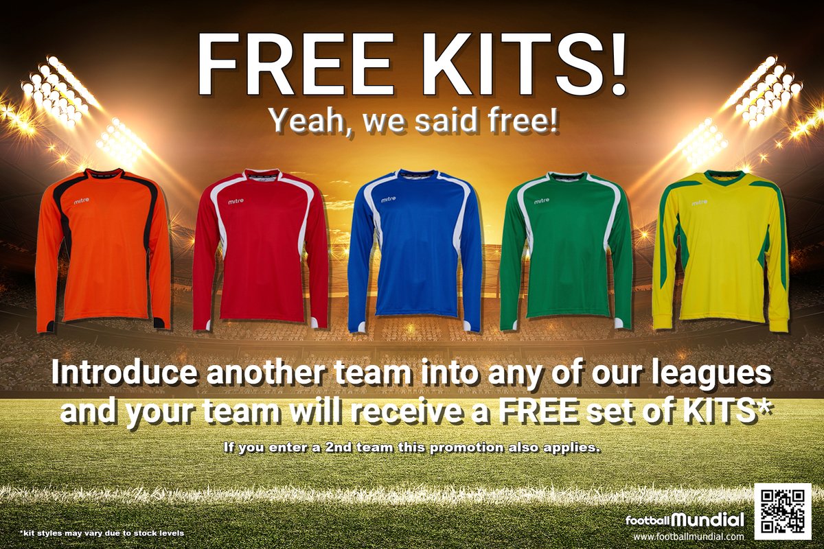 ⚽ PROMOTION Introduce another team into any of our leagues and your team will receive a FREE set of KITS. It's as simple as that. 

If you can enter a 2nd team this promotion also applies. 

footballmundial.com

#6aside #Football 

#NoGoalsNoGlory
