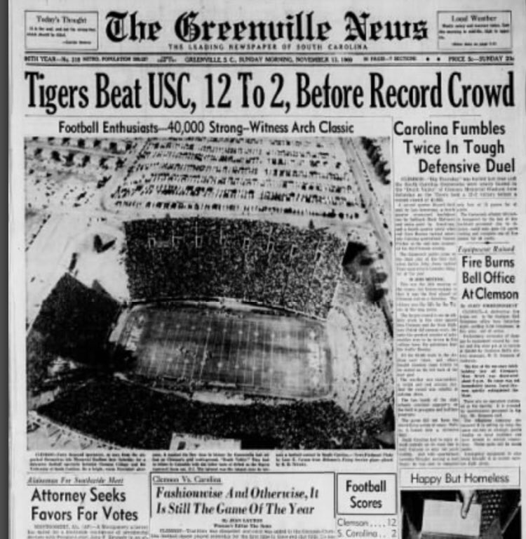 1960 was the first year after the conclusion of “Big Thursday.” It was also the first game held in Clemson and it brought record crowds. 45,000 fans attended this game which made it the largest crowd to see a sporting event in SC at that time. Clemson won 12-2.