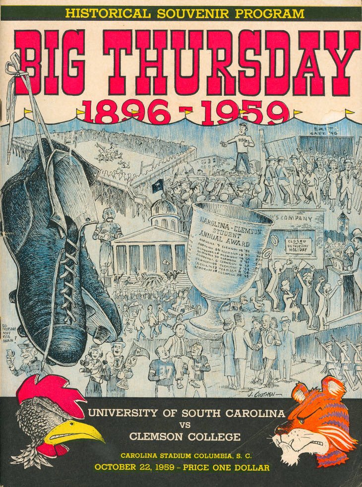 This 1959 program cover is probably our favorite. There is a lot of history depicted in this one. Clemson’s defense proved strong in this match up. The Tigers left Columbia with yet another 27-0 victory.