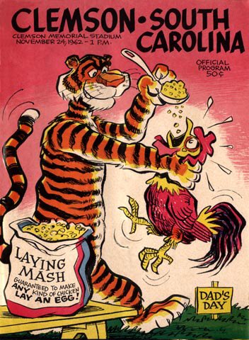 1962 was the second time the Gamecocks made the trip to Clemson. Based on the program cover, Clemson had hopes of UofSC laying an egg like previous matchups. UofSC went scoreless against the Tigers 3 times in the 50’s. That did not happen, but Clemson came out victorious 20-17.