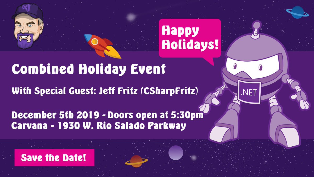 Please join us for combined holiday user group event on Dec 5th at 5:30pm (AZ).  <a href="/csharpfritz/">Jeff Fritz</a> will be joining us to show us what's coming up in <a href="/dotnet/">.NET</a> Core 3.1 &amp; Blazor. He'll live stream the event but show up in person. Register @ jjg.me/AZNet2019 @NWVDNUG  <a href="/SEVDNUG/">SEVDNUG</a>