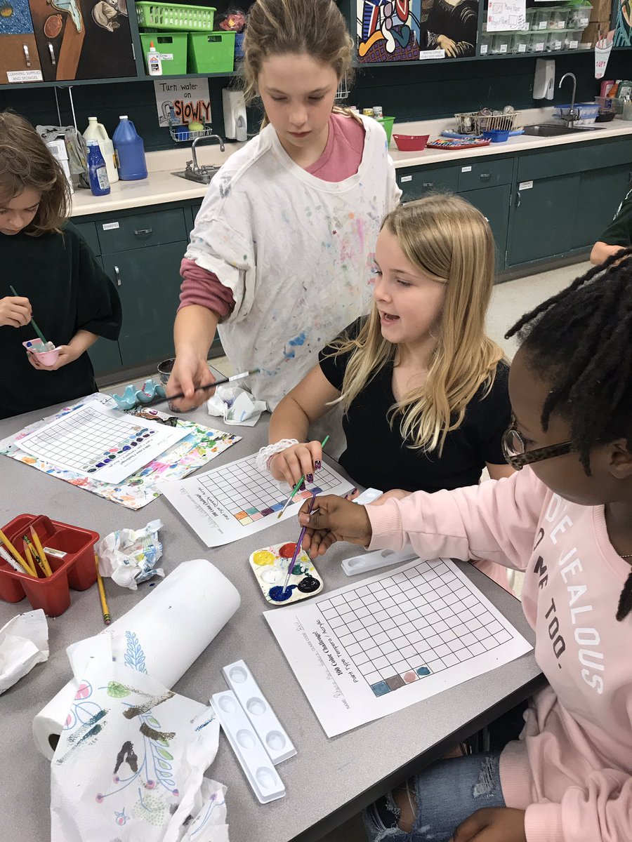 clguilford's tweet photo. Color challenge! How many colors can you create with only using red, yellow, blue, black, and white? #color #TABchat #BLEart @BlelDragons https://t.co/WpBymIv9yR