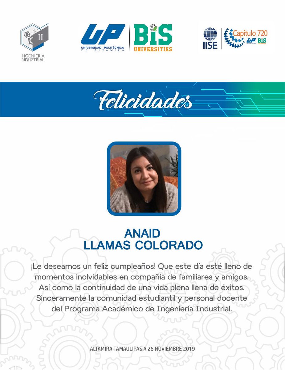 IUpalt's tweet photo. Muchas felicidades Maestra Anaid Llamas Colorado #ProudlyUP #SomosUniversidadPolitécnica #upalt #UpAltamira #UpBis #universidad #tamaulipas #teacher #teach #industrialengineering #industrialengineer #ingenieria #industrial #ingenieriaindustrial #industrialUP #OrgulloIndustrial https://t.co/vR199mAgRd