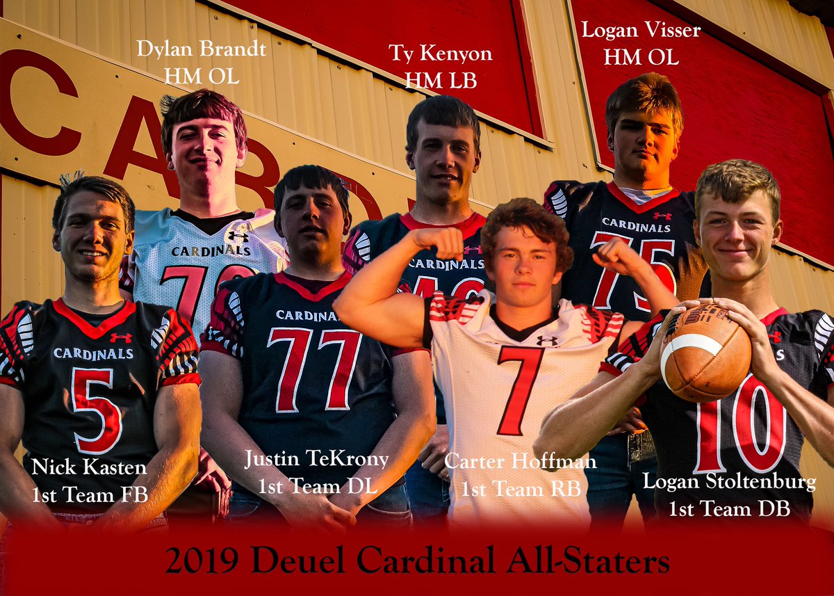 DeuelFootball's tweet photo. Here are your 2019 Cardinal All-State members, Region 2 and ECC conference Coach of the Year, and our Senior family members! @CarterHoffman_7 @StoltyLogan @Nickkasten55 @dbrandt84 @DustyHourigan #greattimetobeacardinal https://t.co/GH5MQQleue